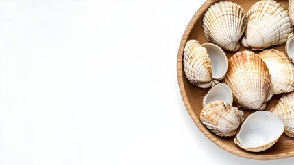 A collection of beautiful seashells arranged in a wooden bowl, showcasing natural colors and textures against a white background.