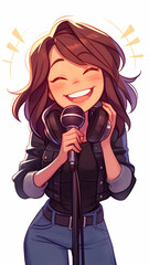 Obraz premium A happy young woman singing into a microphone, with headphones around her neck.