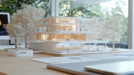 Modern Architectural Model with Trees and People on Desk