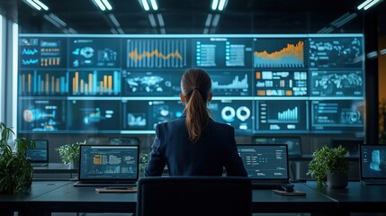 A professional woman analyzes data on multiple screens in a modern office environment, showcasing advanced technology and analytics.