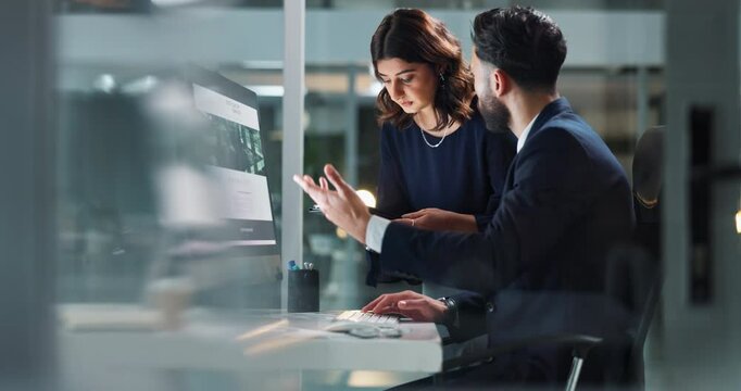 Tech, night and business people in office for planning, feedback and help in website design for company. Woman developer, manager and brainstorming on tablet for webpage, idea and project management