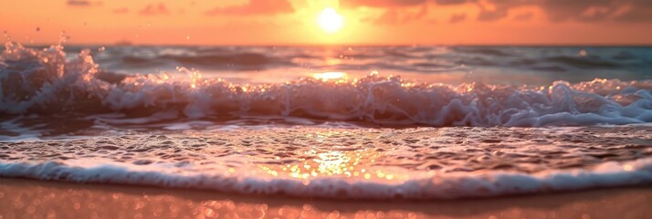 Obraz premium Close-up of a sandy shoreline by the water, showcasing a picturesque seascape with a tropical feel and a horizon of vibrant orange and gold sunset sky. The peaceful ambiance encourages relaxation and