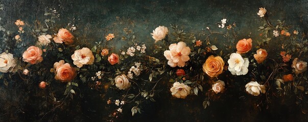 oil painting with dark and moody textured backdrop, brown colors, muted autumn flowers in oranges, pink, and white, green leaves and stems, muted dull coloring