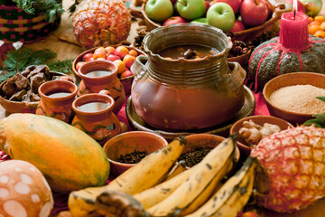 Beautiful organic composition of organic fruits and spices for the preparation of Guatemalan punch.
