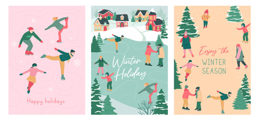 Obraz premium Collection of winter Christmas village house and ice skating people