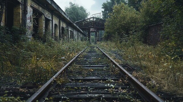 The image features an abandoned railway track surrounded by overgrown vegetation. The rails and wooden sleepers are largely covered by grass and weeds. To the left, there is a derelict brick building 