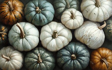 realistic top view painting of pumpkins in various shapes and sizes, featuring green and white pumpkins, with muted colors
