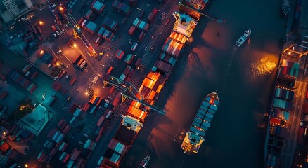 Obraz premium Container Terminals at night, Aerial view of container ship loading cargo at night in the port, container terminal and dock with crane working for global cargo business.