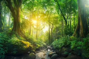 Obraz premium panorama banner background of tropical forest landscape scene for using in concept of environmental ecology and sustainable energy or Earth day, wild wood scenic using for wallpaper of spa and tourism