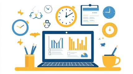 Laptop  Clocks  Pencils  and Charts on a Yellow Desk