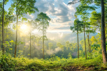 panorama banner background of tropical forest landscape scene for using in concept of environmental ecology and sustainable energy or Earth day, wild wood scenic using for wallpaper of spa and tourism
