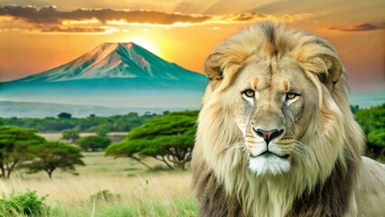 Lion on savanna at sunset with Mount Kilimanjaro in the background, capturing a serene safari.