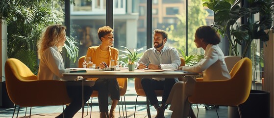 Business meeting with diverse professionals, dynamic collaboration, productive atmosphere, modern office, team of various ethnicities, focused discussion, professional setting