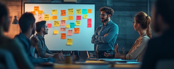 Business team and scrum master in boardroom, brainstorming session with whiteboard and sticky notes, innovative ideas, creative and collaborative atmosphere, professional setting