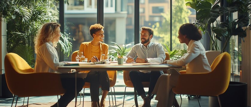 Business meeting with diverse professionals, dynamic collaboration, productive atmosphere, modern office, team of various ethnicities, focused discussion, professional setting