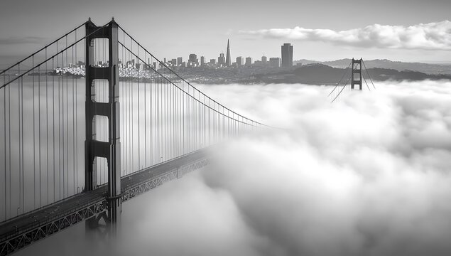 Golden Gate Bridge emerging through the fog in black and white