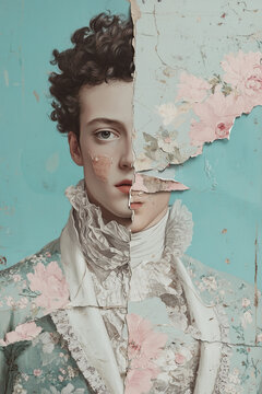 Marie Antoinette Epoch concept. Creative collage of the handsome aristocrat using mix of different techniques. Close up portrait. Avant-garde art postcard, poster style