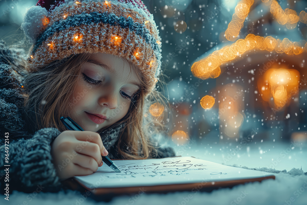 Wall mural A child writing a letter to Santa Claus, carefully listing their Christmas wishes. Concept of holiday traditions and childhood dreams.