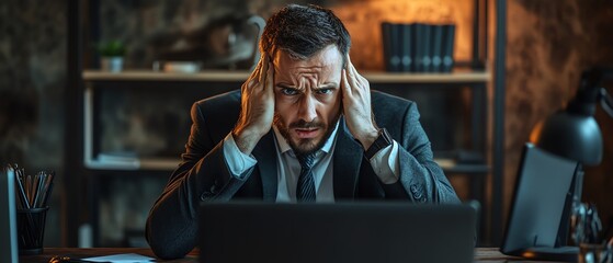 Businessman feeling stressed and frustrated at work, dealing with computer problems, angry expression, professional office setting, technology issues, tense mood