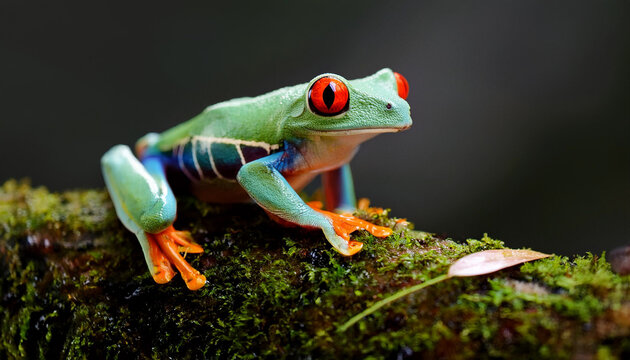 A green frog with red eyes is sitting on a mossy log
