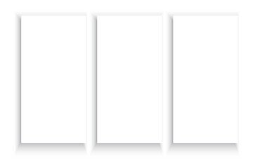 Three vertical white frames with soft shadows. Simple minimalist design. Clean geometric layout.