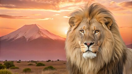 Lion on savanna at sunset with Mount Kilimanjaro in the background, capturing a serene safari.