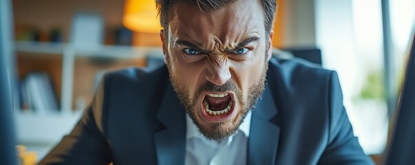 Frustrated businessman in professional office, struggling with computer problems, angry and upset expression, tense and stressful work environment, technology issues