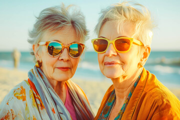 Obraz premium Portrait of two beautiful mature woman at beach