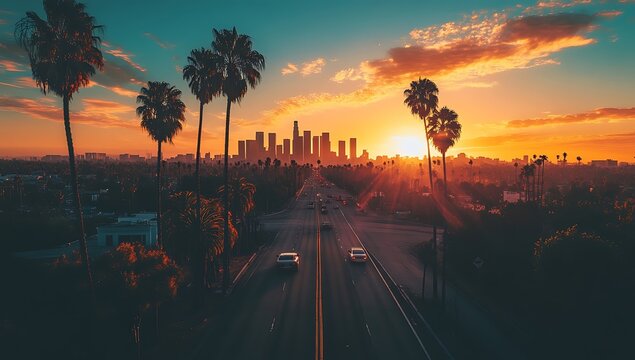Palm Tree-Lined Street Overlooking Los Angeles at Sunset