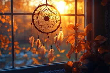 Dreamcatcher on window at sunset