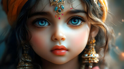 A close-up portrait of a young girl with striking blue eyes and traditional jewelry.