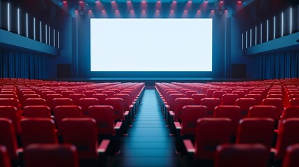 Empty Movie Theater with Red Seats and Large Screen in Modern Cinema Hall