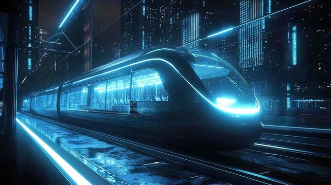 The image showcases a sleek, futuristic train station under the cover of night. The station is illuminated by bright, blue neon lights, casting a sci-fi ambiance over the entire scene. The modern trai