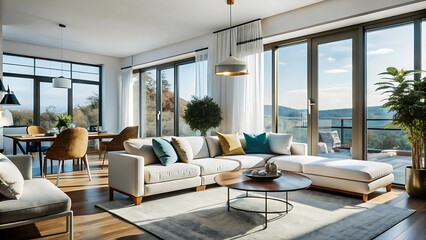 Fototapeta premium Minimalist luxury modern living room interior design, morning light, modern interior concept for use. contemporary interior design.