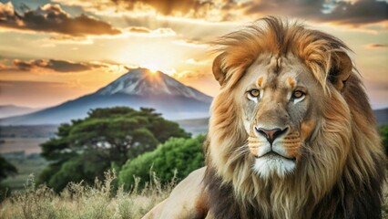 Lion on savanna at sunset with Mount Kilimanjaro in the background, capturing a serene safari.