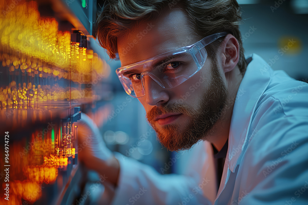 Poster A researcher in a lab coat, carefully adjusting a laser beam for an experiment. Concept of precision in scientific experiments.