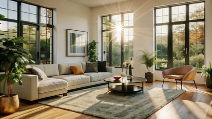 Minimalist luxury modern living room interior design, morning light, modern interior concept for use. contemporary interior design.