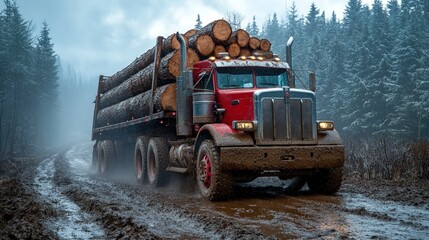 A red semi-truck loaded with logs drives through a muddy forest road on a foggy day.