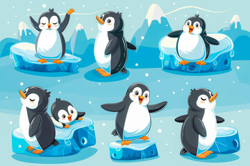 Obraz premium Set of cute cartoon baby penguins standing on icebergs in Antarctica and having fun on a sunny winter day. Hand illustration of penguins for Christmas design
