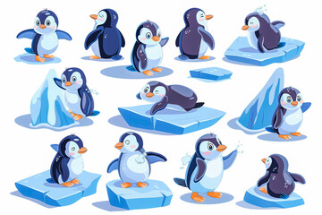 Obraz premium Set of cute cartoon baby penguins standing on icebergs in Antarctica and having fun on a sunny winter day. Hand illustration of penguins for Christmas design