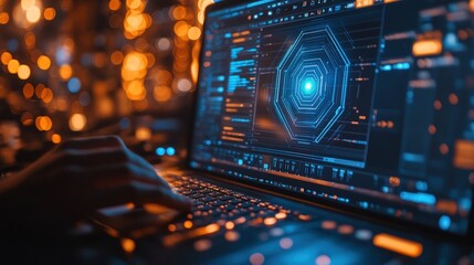 Obraz premium Close-up of a person's hands typing on a laptop with a futuristic user interface on the screen.