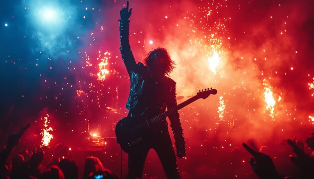 Rock star on stage, making the rock hand gesture, with electric guitar in hand, surrounded by pyrotechnics and a roaring crowd, bright stage lights