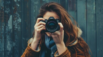 Woman with Camera Taking a Photo in Front of Rustic Wall - Photography Enthusiast Capturing Moments in Winter Attire