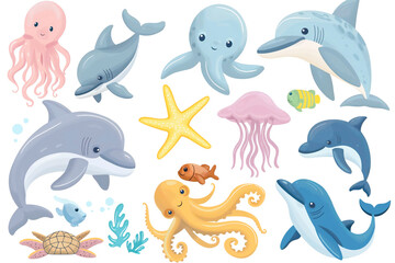 set of sea animals. Dolphin, octopus, sea horse, sea turtle, squid, stingray, jellyfish, shark. Cute cartoon animals for kids. Vector illustration