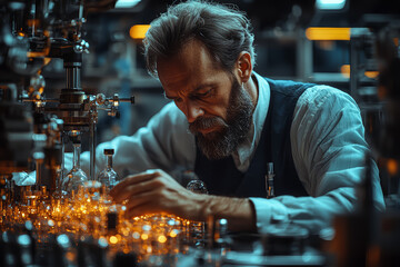 A physicist in a lab filled with superconductors, studying quantum mechanics. Concept of quantum physics and cutting-edge research.