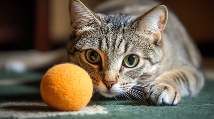 A playful cat interacting with a ball, showcasing its energetic and curious nature. The cat is fully engaged with the ball, either batting it around or preparing to pounce,
