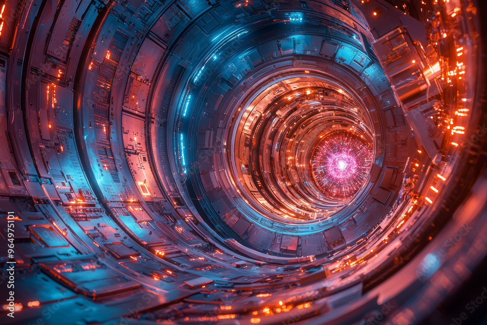 Poster a physicist experimenting with a particle accelerator, searching for new particles. concept of high-