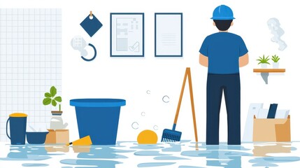 Flooded Room with Worker and Cleaning Supplies