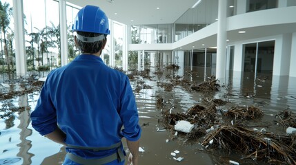 Flooded Office Building with Construction Worker Assessing Damage