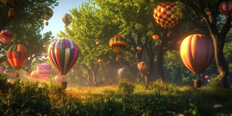 A woodland where vibrant hot air balloons replace trees, floating above a green meadow. Green Forest.